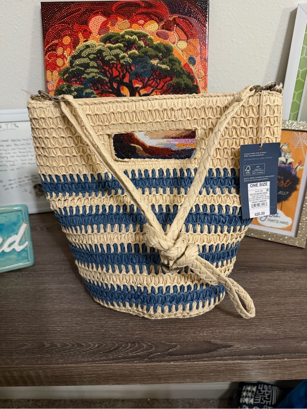NWT! Woven Straw Beach Tote Bag with Navy Stripes